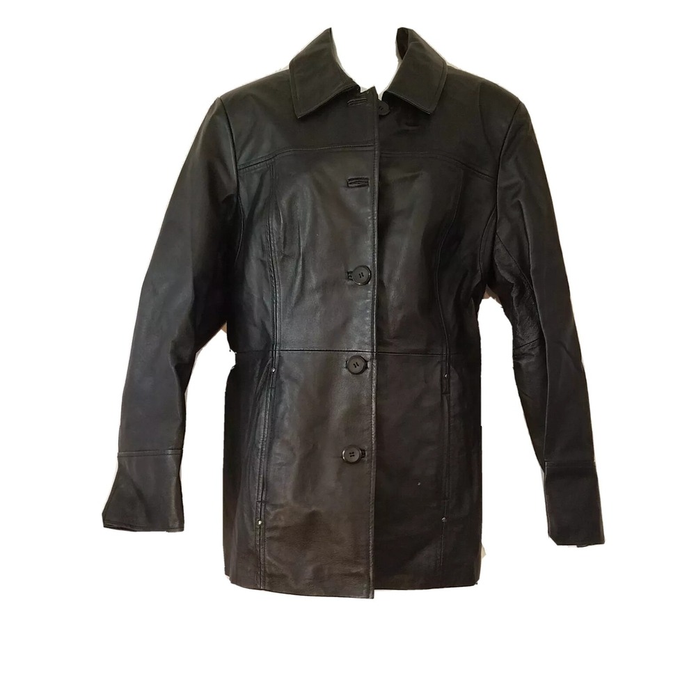 East 5th Leather Jacket Womens Black Genuine Button Front Coat Size Large Y2K‎